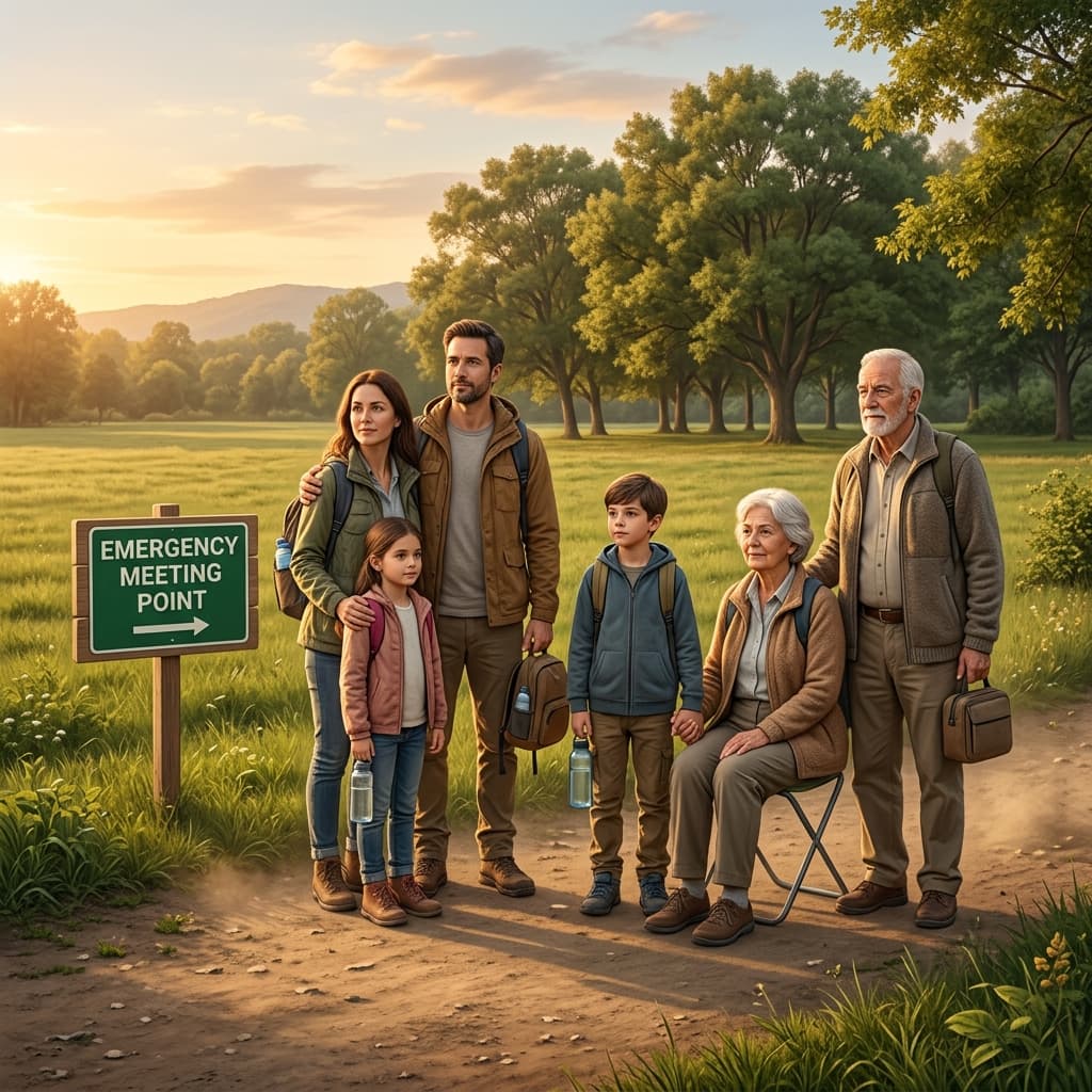 Familia reunida en punto de encuentro seguro al aire libre